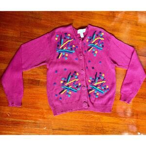 Vintage 90’s Petite Sophisticate Chunky Knit Sweater Pink Geometric Embroidery S